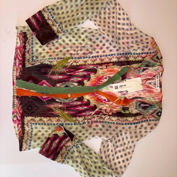 NWT NEW Zara Feather Trim Printed Blouse XS Boho Sheer Tassle Button Front - Picture 6 of 10